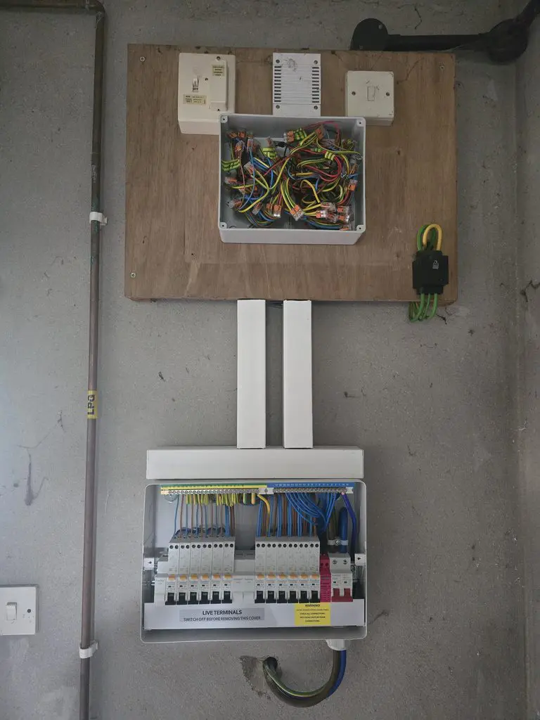 Electrical distribution board and a junction box with connected wires mounted on a concrete wall.