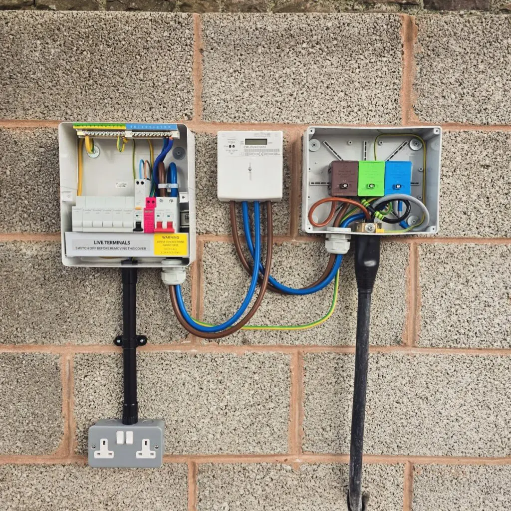 An electrical setup mounted on a cinder block wall, featuring an open consumer unit with circuit breakers, a digital electricity meter, and a second junction box with colored cable connectors, connected to a double wall outlet below.