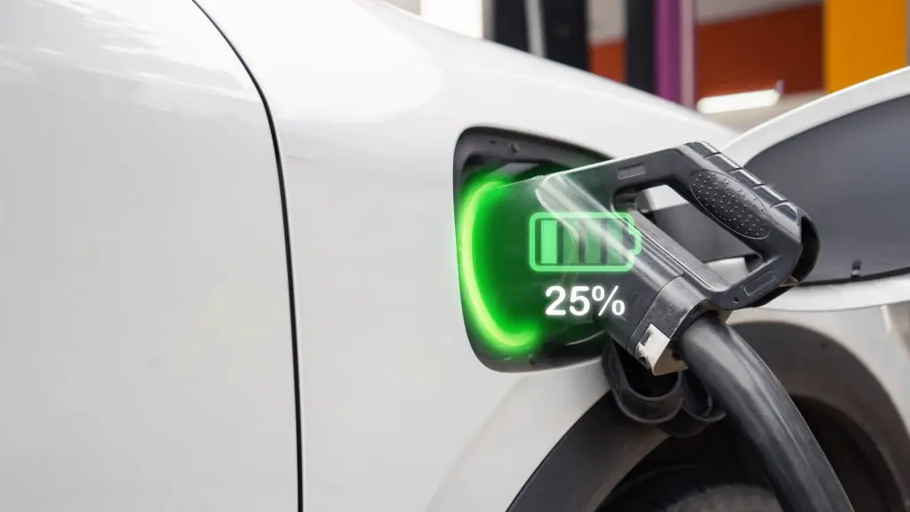 A white electric vehicle charging with a digital overlay showing a 25% battery charge level.